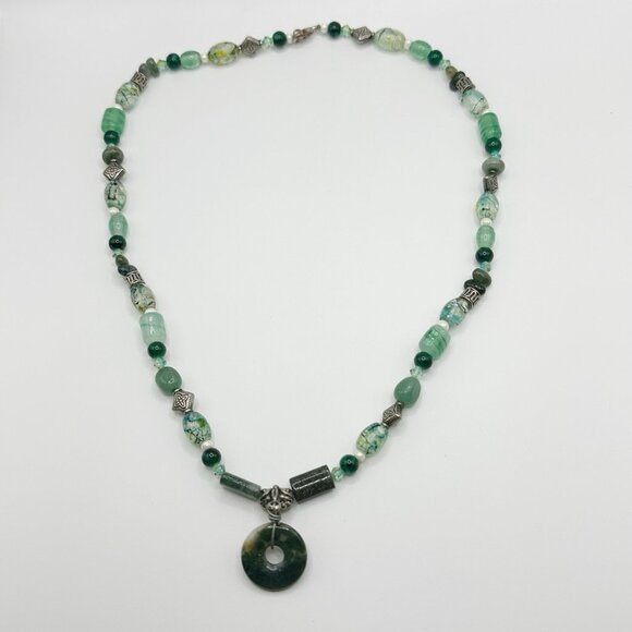Green Beaded Necklace Of Stone, Glass And Metal Beads 21” - Picture 1 of 5